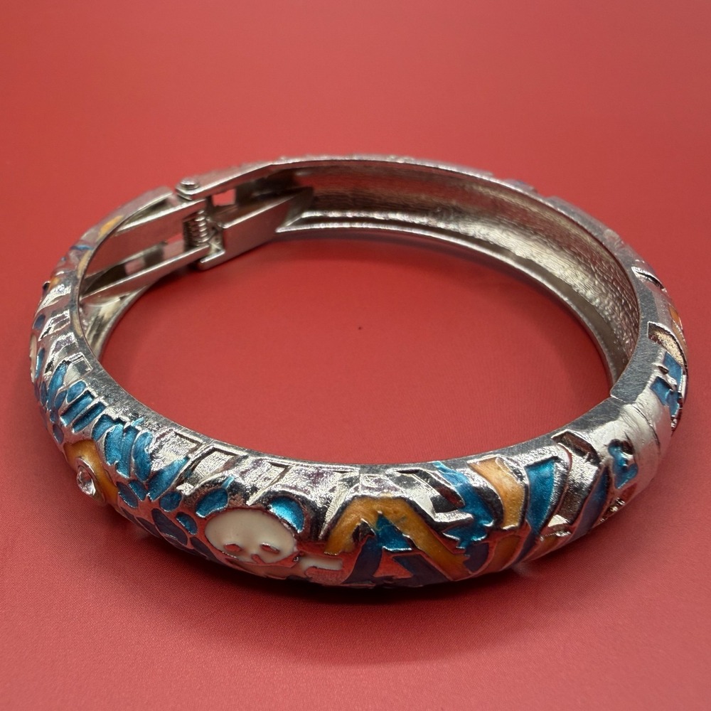 Silver Tone Skull Bangle Bracelet Blue Enamel Rhinestone Gothic Vintage Style